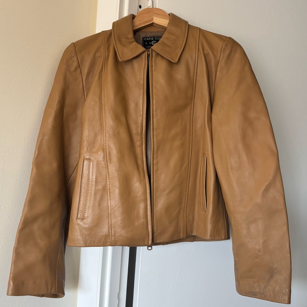 100% leather tan cognac brown jacket